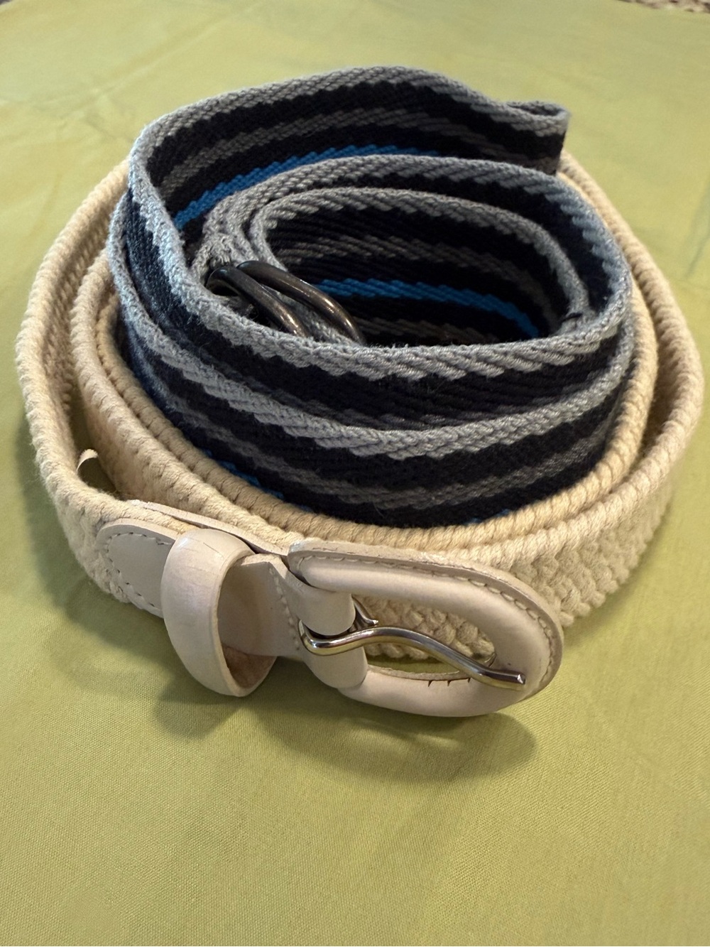 Fabric belt set of 2 cream braided black gray blue stripes preppy classic casual